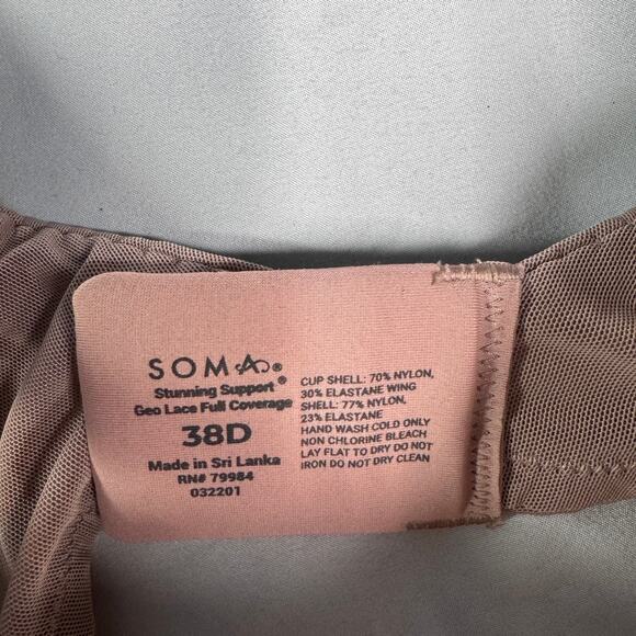 Soma Women's sz 38D Stunning Support Geo Lace Full Coverage Bra Brown/Dark Beige - Picture 3 of 8